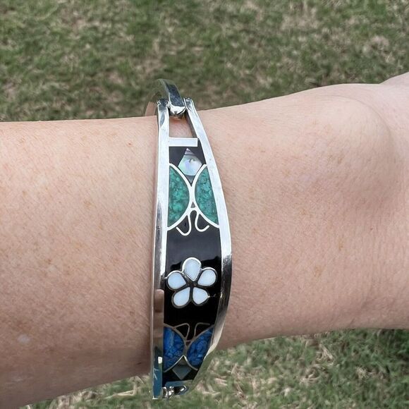 Vintage Alpaca Mexico Women's Bracelet Abalone‎ Shell Floral Silver Tone Signed - Picture 13 of 16